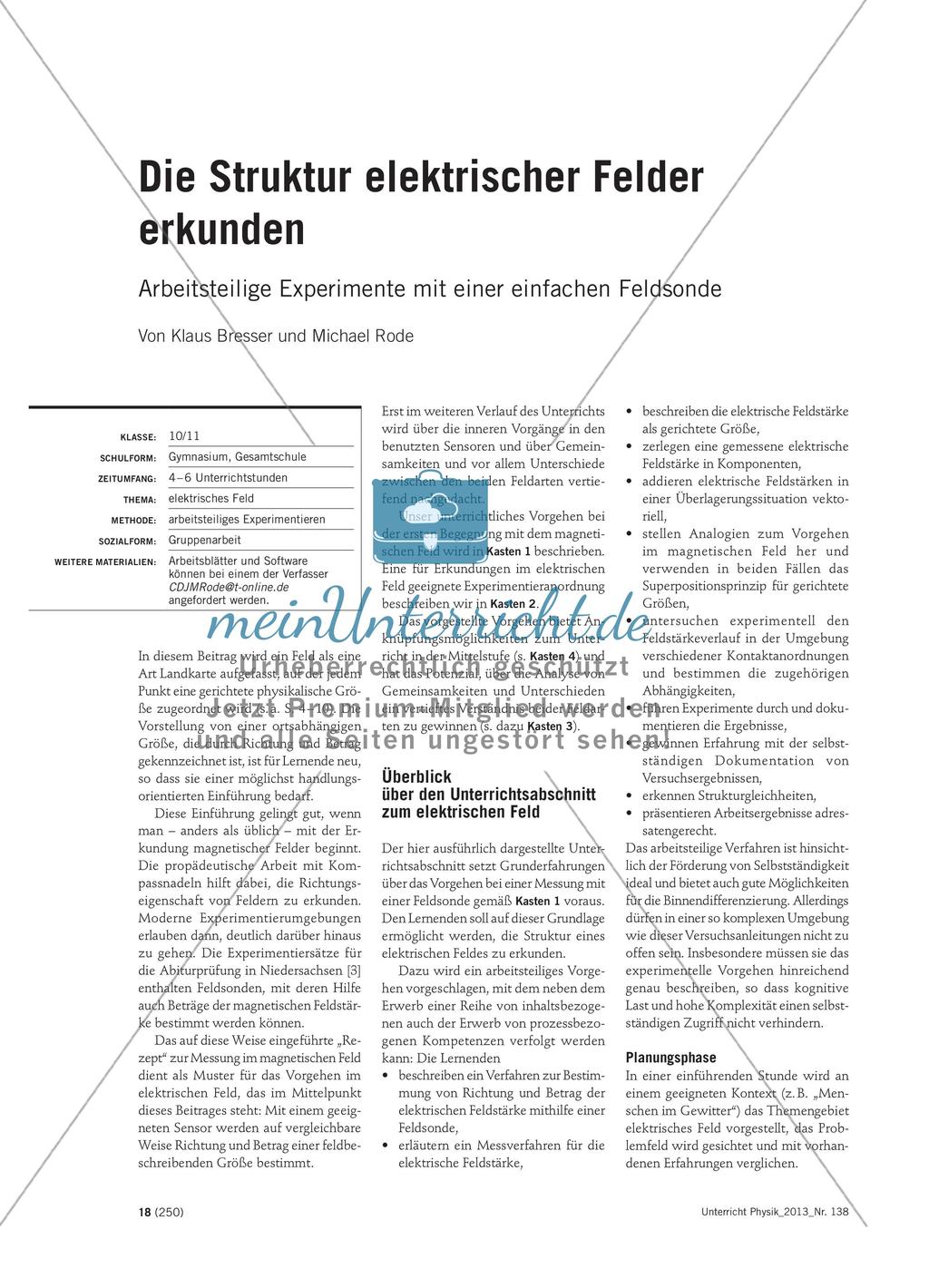 Die Struktur elektrischer Felder erkunden - Arbeitsteilige Experimente mit einer einfachen Feldsonde Preview 1