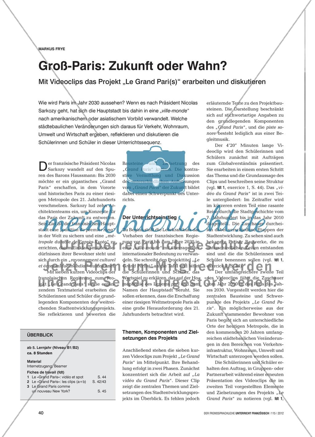 Groß-Paris: Zukunft oder Wahn? - Mit Videoclips das Projekt „Le Grand Pari(s)“ erarbeiten und diskutieren Preview 1