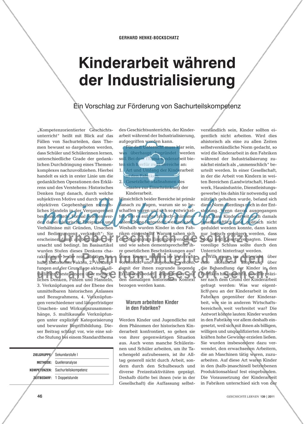 Kinderarbeit während der Industrialisierung - Ein Vorschlag zur Förderung von Sachurteilskompetenz Preview 1