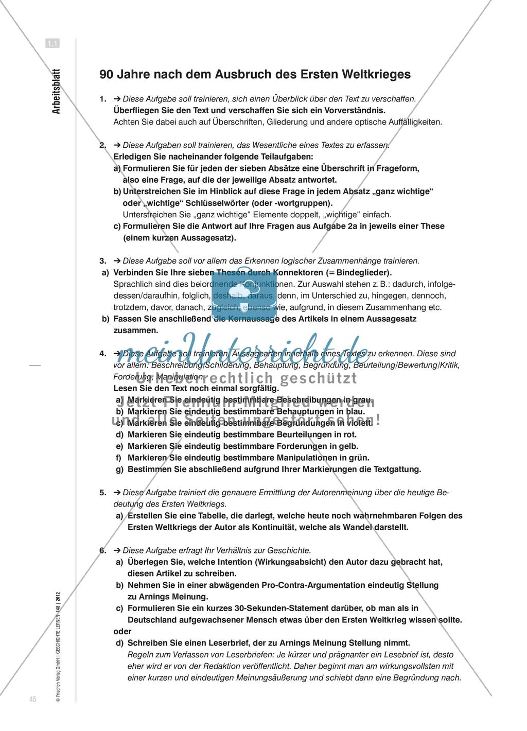 Microtraining zur Textarbeit: Kleinschrittige Dekonstruktion eines Kommentars zum Ersten Weltkrieg Preview 6