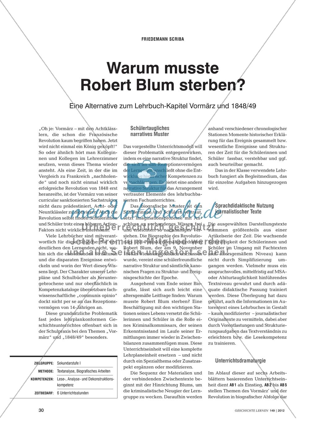 Eine Alternative zum Lehrbuch-Kapitel Vormärz und 1848/49 am Fall des Robert Blum Preview 1