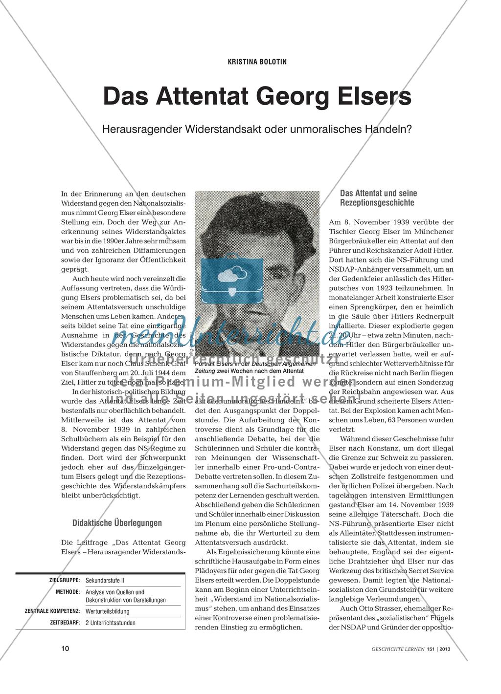 Das Attentat Georg Elsers: Vergleich der Meinung zweier Autoren Preview 1
