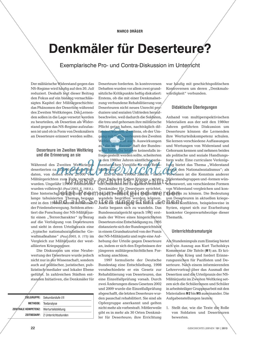 Denkmäler für Deserteure: Exemplarische Pro- und Contra-Diskussion im Unterricht Preview 1