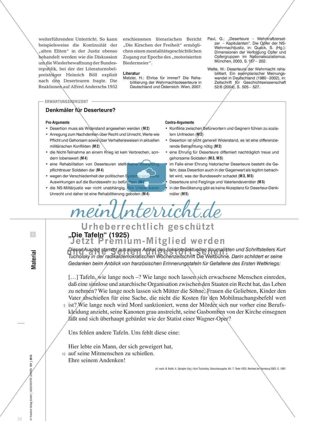 Denkmäler für Deserteure: Exemplarische Pro- und Contra-Diskussion im Unterricht Preview 3