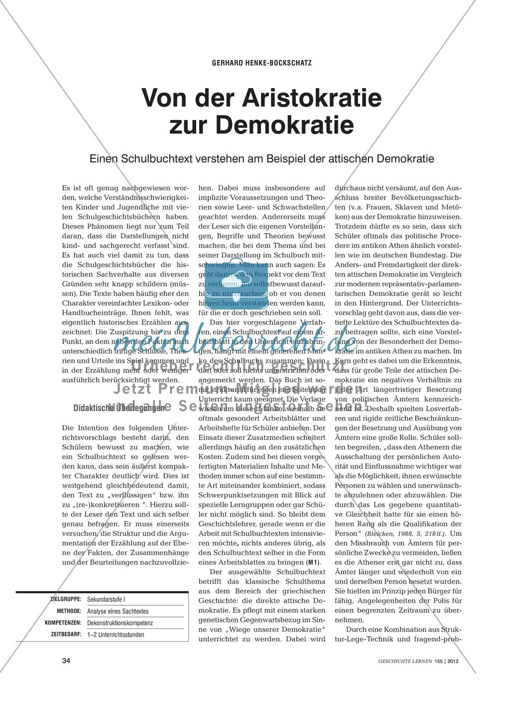 Von der Aristokratie zur Demokratie: Analyse eines Schulbuchtextes Preview 1