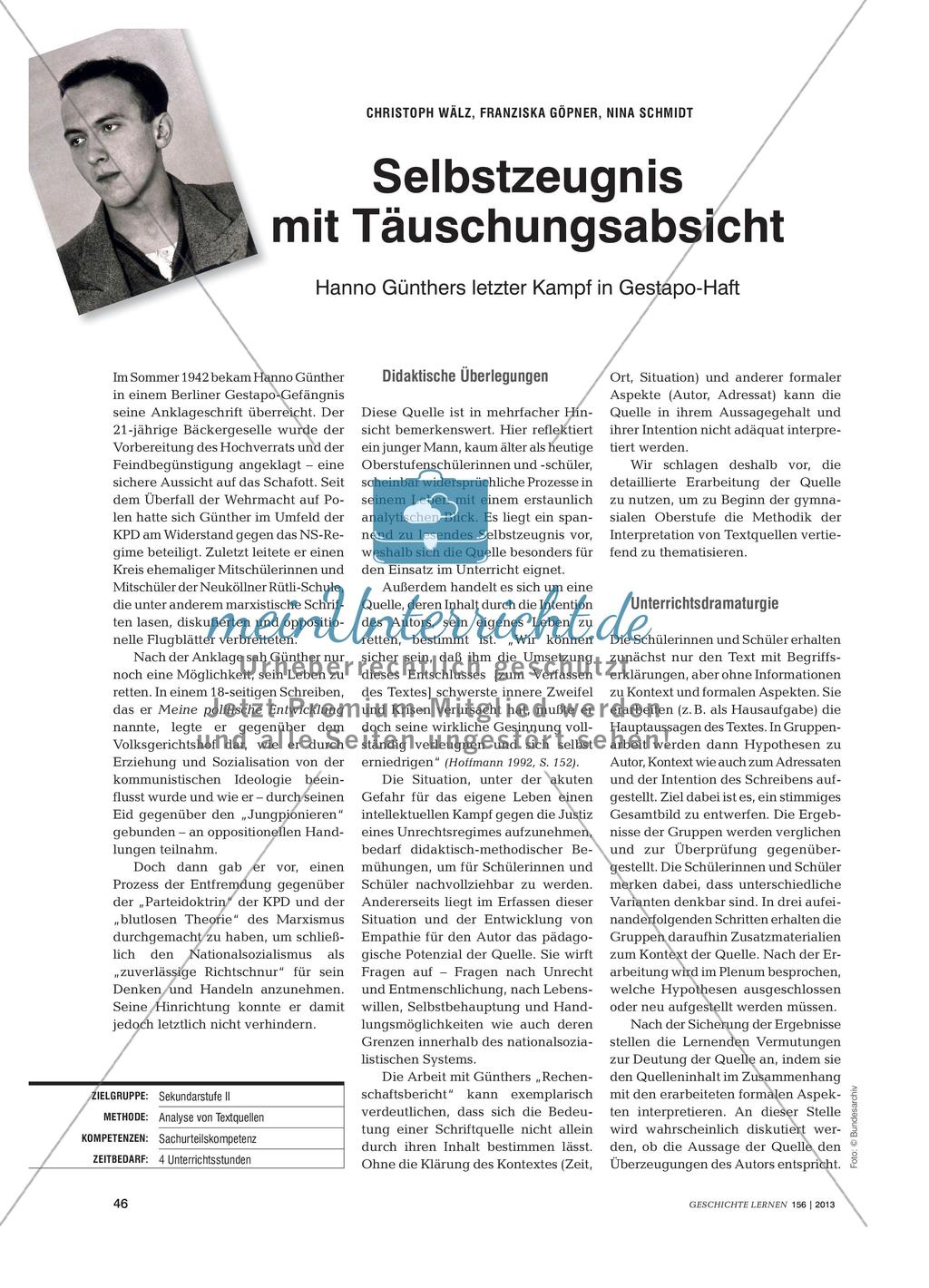 Selbstzeugnis mit Täuschungsabsicht: Hanno Günthers letzter Kampf in Gestapo-Haft Preview 1