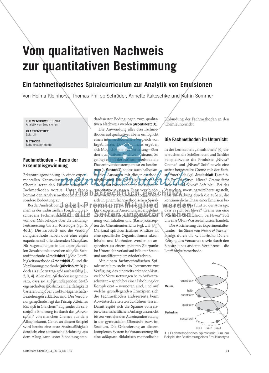 Vom qualitativen Nachweis zur quantitativen Bestimmung - Ein fachmethodisches Spiralcurriculum zur Analytik von Emulsionen Preview 1