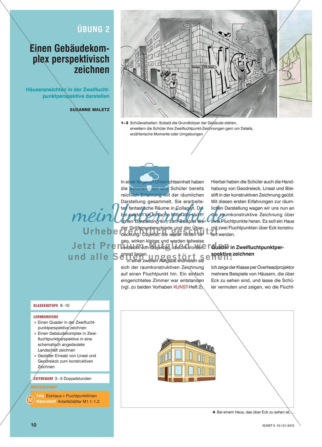 Einen Gebäudekomplex perspektivisch zeichnen - Häuseransichten in der Zweifluchtpunktperspektive darstellen Preview 1
