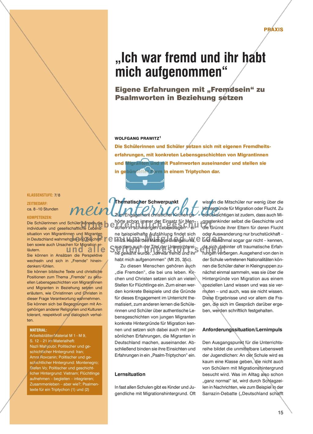 „Ich war fremd und ihr habt mich aufgenommen“ - Eigene Erfahrungen mit „Fremdsein“ zu Psalmworten in Beziehung setzen Preview 1