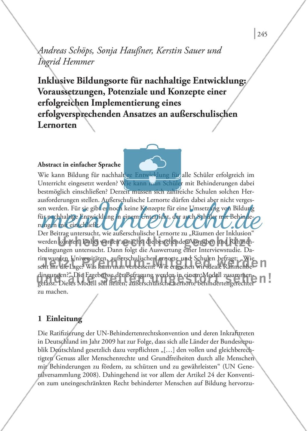 Inklusive Bildungsorte für nachhaltige Entwicklung: Voraussetzungen, Potenziale und Konzepte einer erfolgreichen Implementierung eines erfolgversprechenden Ansatzes an außerschulischen Lernorten Preview 1
