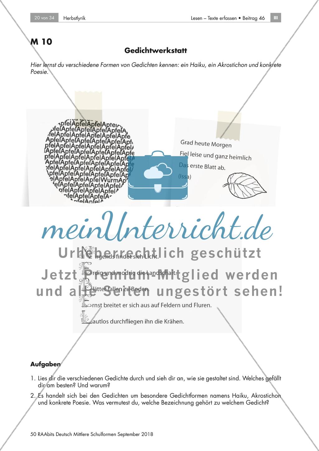 Herbstgedichte: Gedichtwerkstatt, Aufbau und Form des Gedichts Preview 1