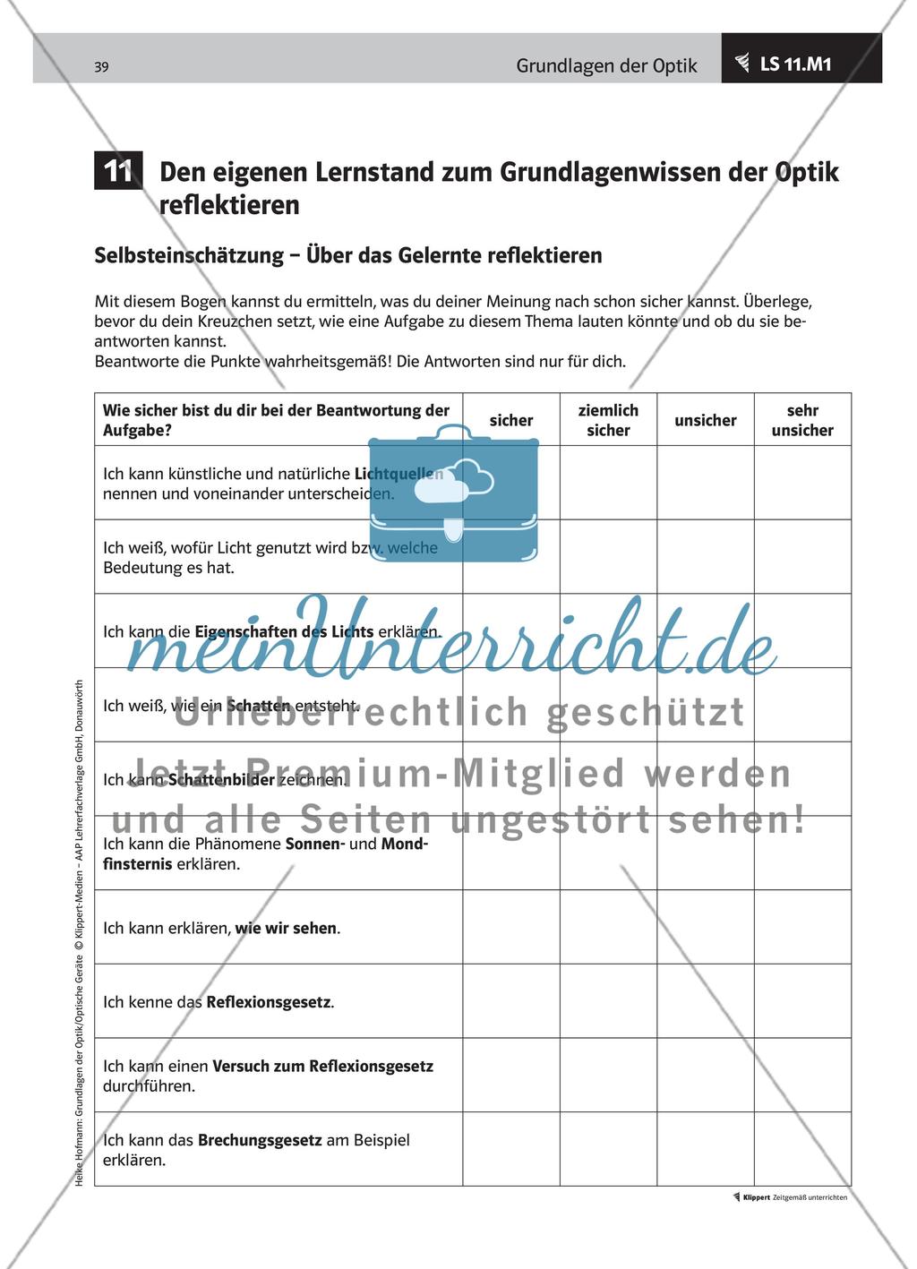 LS 11 Den eigenen Lernstand zum Grundlagenwissen der Optik reflektieren Preview 3