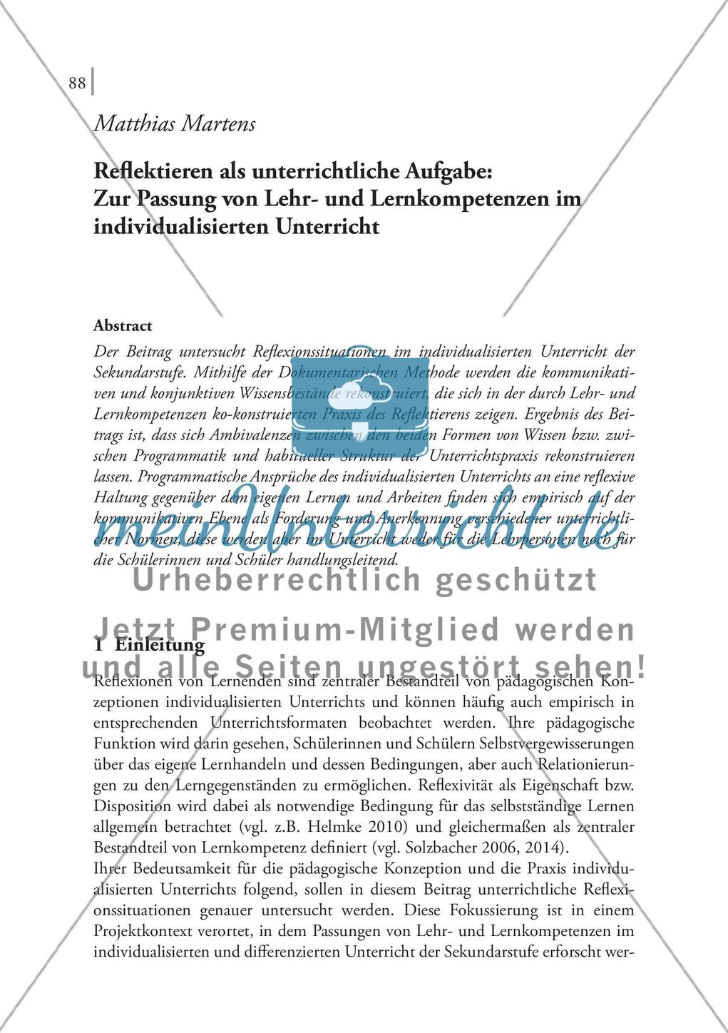 Reflektieren als unterrichtliche Aufgabe: Zur Passung von Lehr- und Lernkompetenzen im individualisierten Unterricht Preview 1