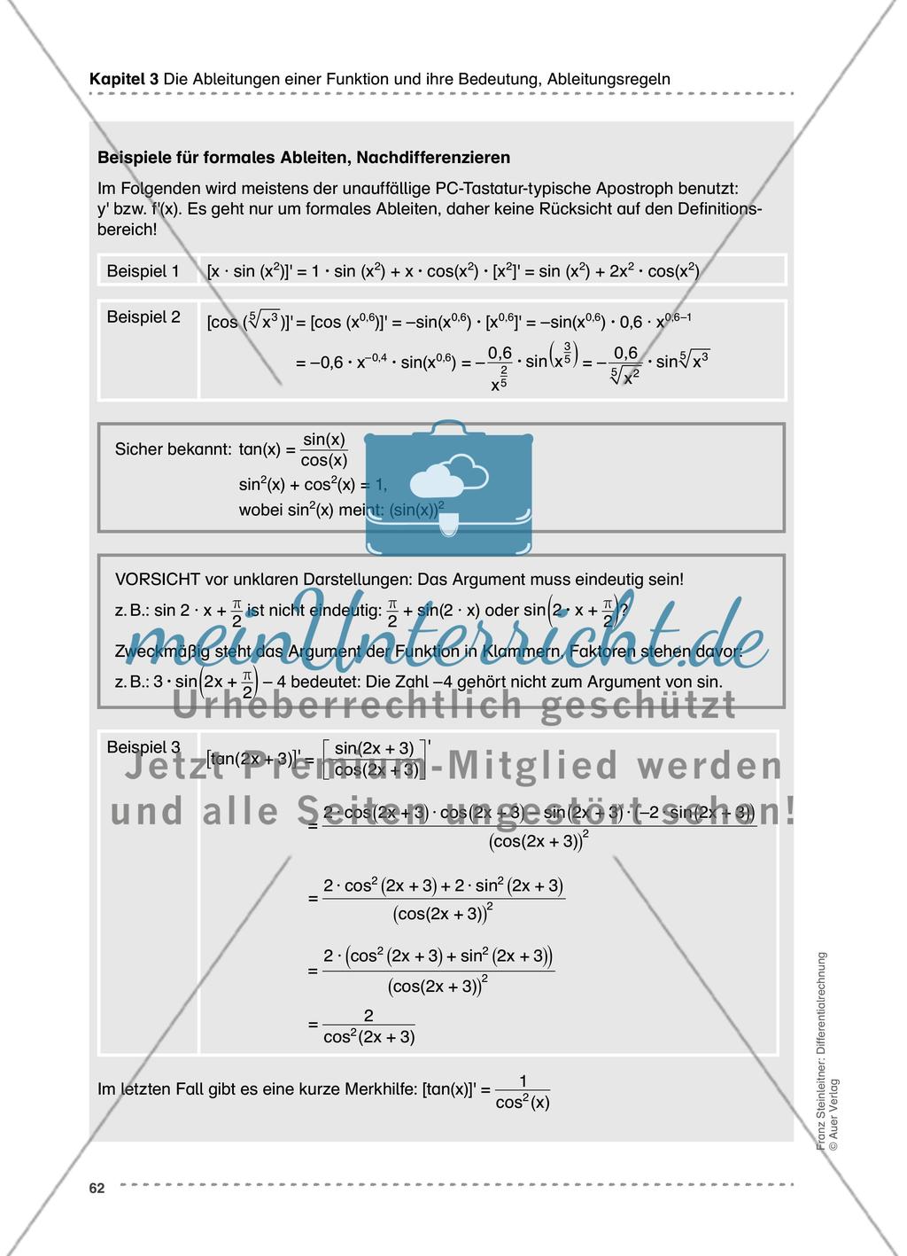 Die 1. Ableitung elementarer Funktionen, Ableitungsregeln Preview 2