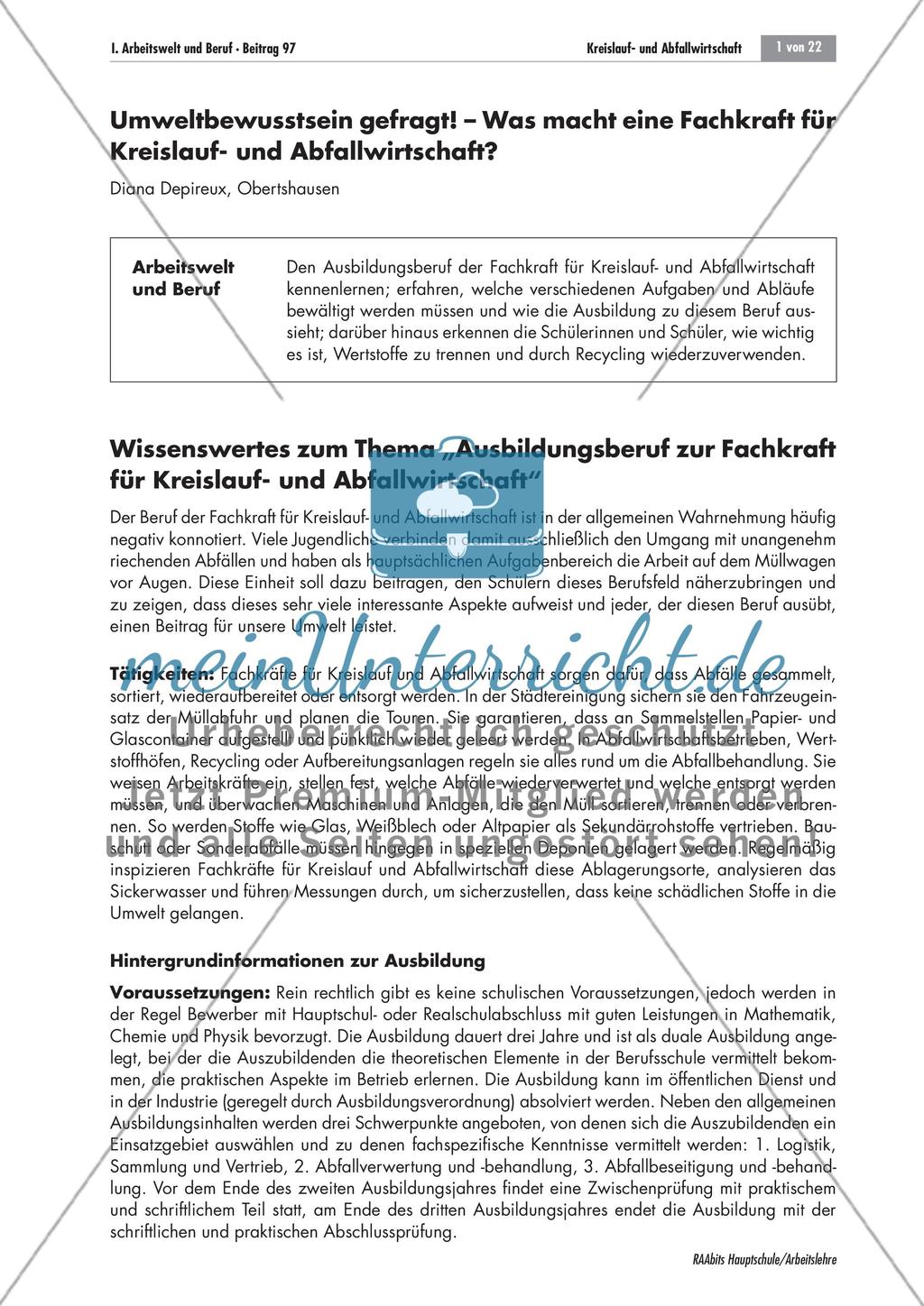 Ausbildungsberuf: Fachkraft für Kreislauf- und Abfallwirtschaft Preview 1