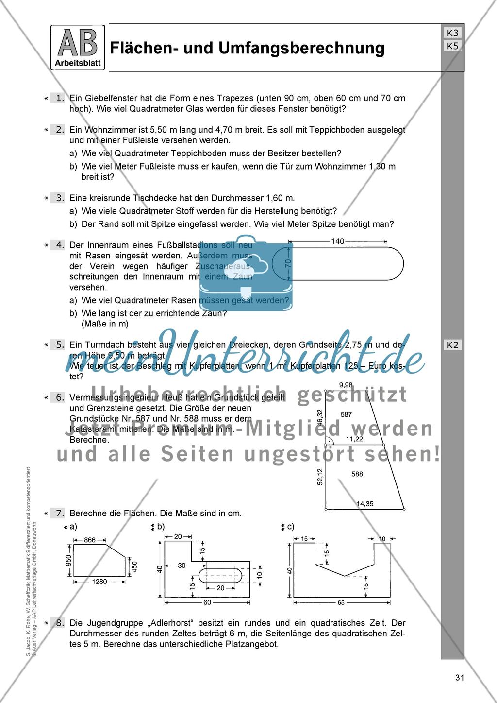 Flächen- und Umfangsberechnung einschließlich Satz des Pythagoras: Arbeitsblätter Preview 1
