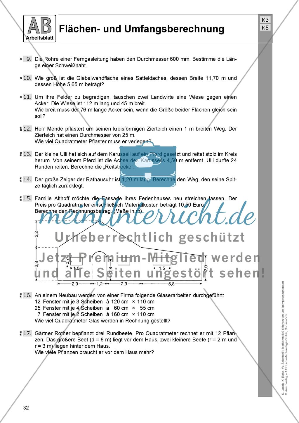 Flächen- und Umfangsberechnung einschließlich Satz des Pythagoras: Arbeitsblätter Preview 2