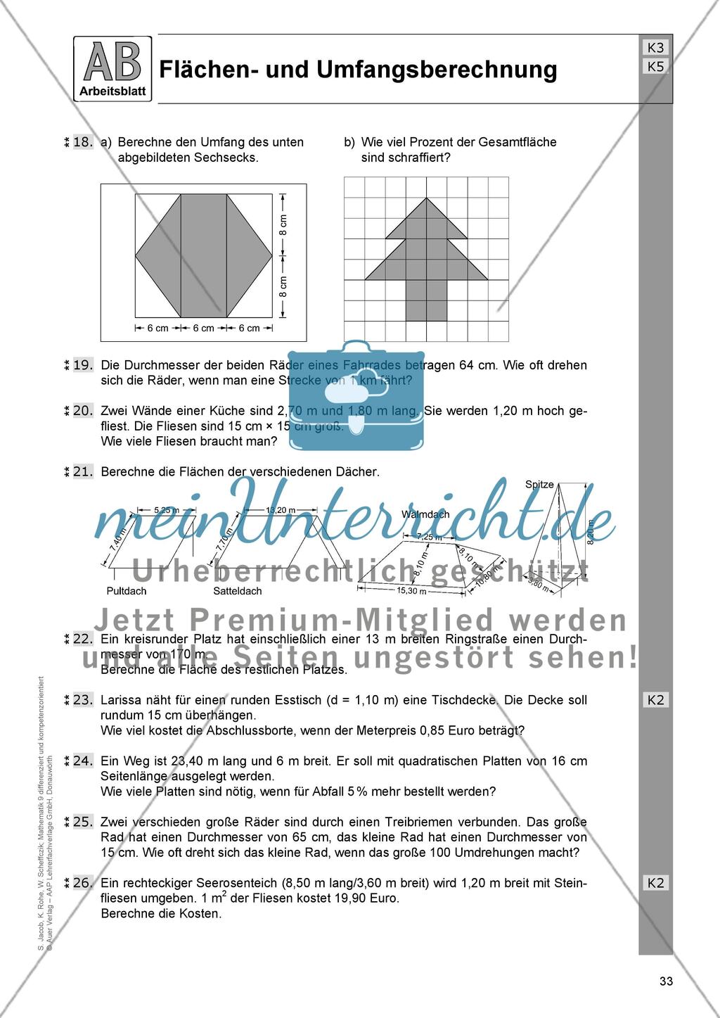 Flächen- und Umfangsberechnung einschließlich Satz des Pythagoras: Arbeitsblätter Preview 3
