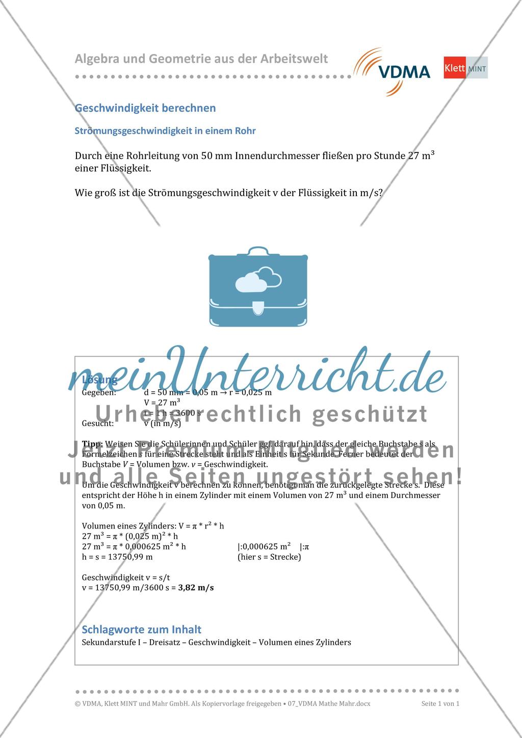 Geschwindigkeit berechnen - Strömungsgeschwindigkeit in einem Rohr Preview 1