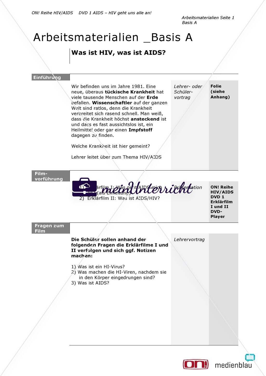 Arbeitsmaterialien Basis A: Was ist HIV, was ist AIDS? Preview 1