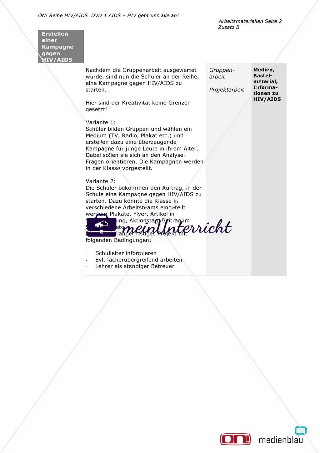 Arbeitsmaterialien Zusatz B: HIV/AIDS in den Medien Preview 2