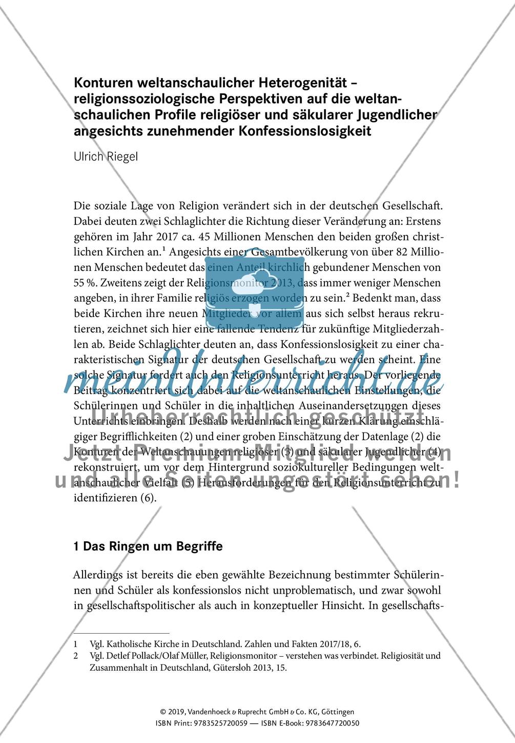 Konturen weltanschaulicher Heterogenität – religionssoziologische Perspektiven auf die weltanschaulichen Profile religiöser und säkularer Jugendlicher angesichts zunehmender Konfessionslosigkeit Preview 1