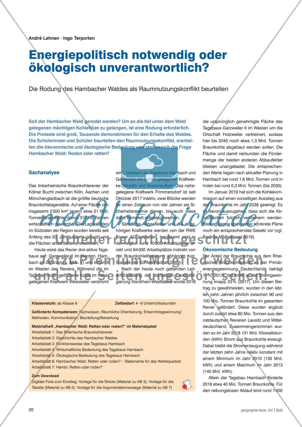 Energiepolitisch notwendig oder ökologisch unverantwortlich? - Die Rodung des Hambacher Waldes als Raumnutzungskonflikt beurteilen Preview 1
