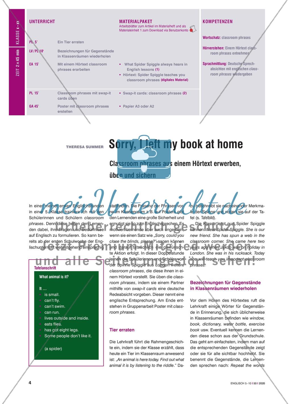 Sorry, I left my book at home - Classroom phrases aus einem Hörtext erwerben, üben und sichern Preview 1