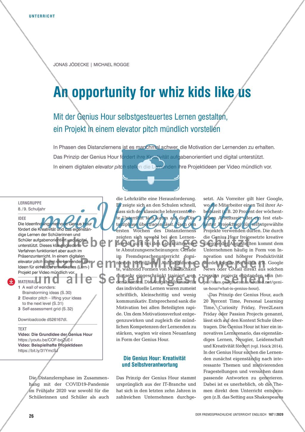 An opportunity for whiz kids like us - Mit der Genius Hour selbstgesteuertes Lernen gestalten, ein Projekt in einem elevator pitch mündlich vorstellen Preview 1