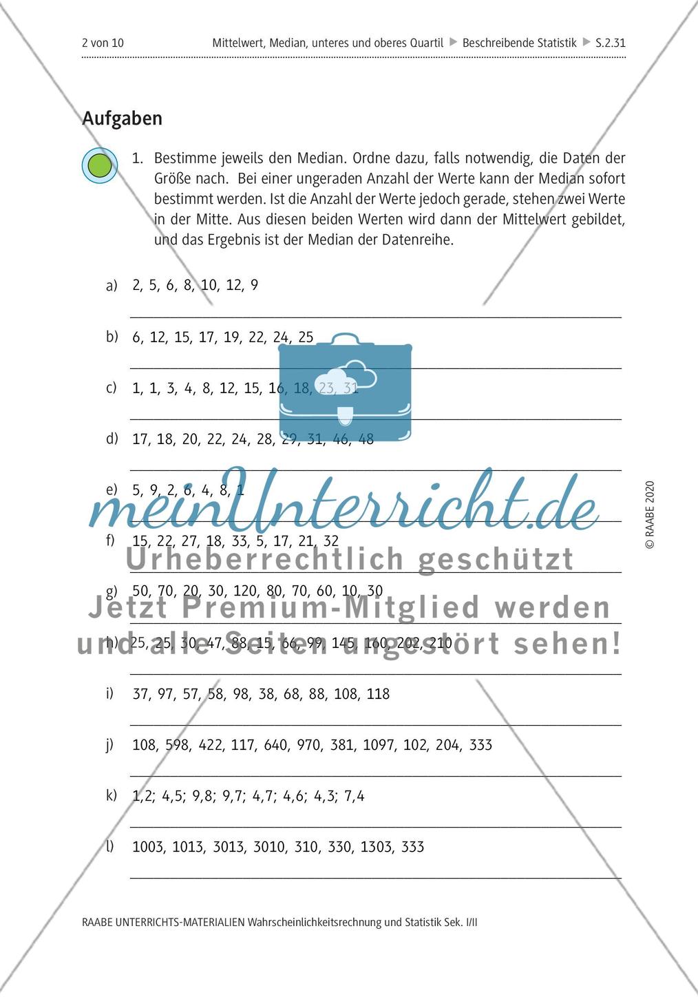 Mittelwert und Median, Quartile Preview 6