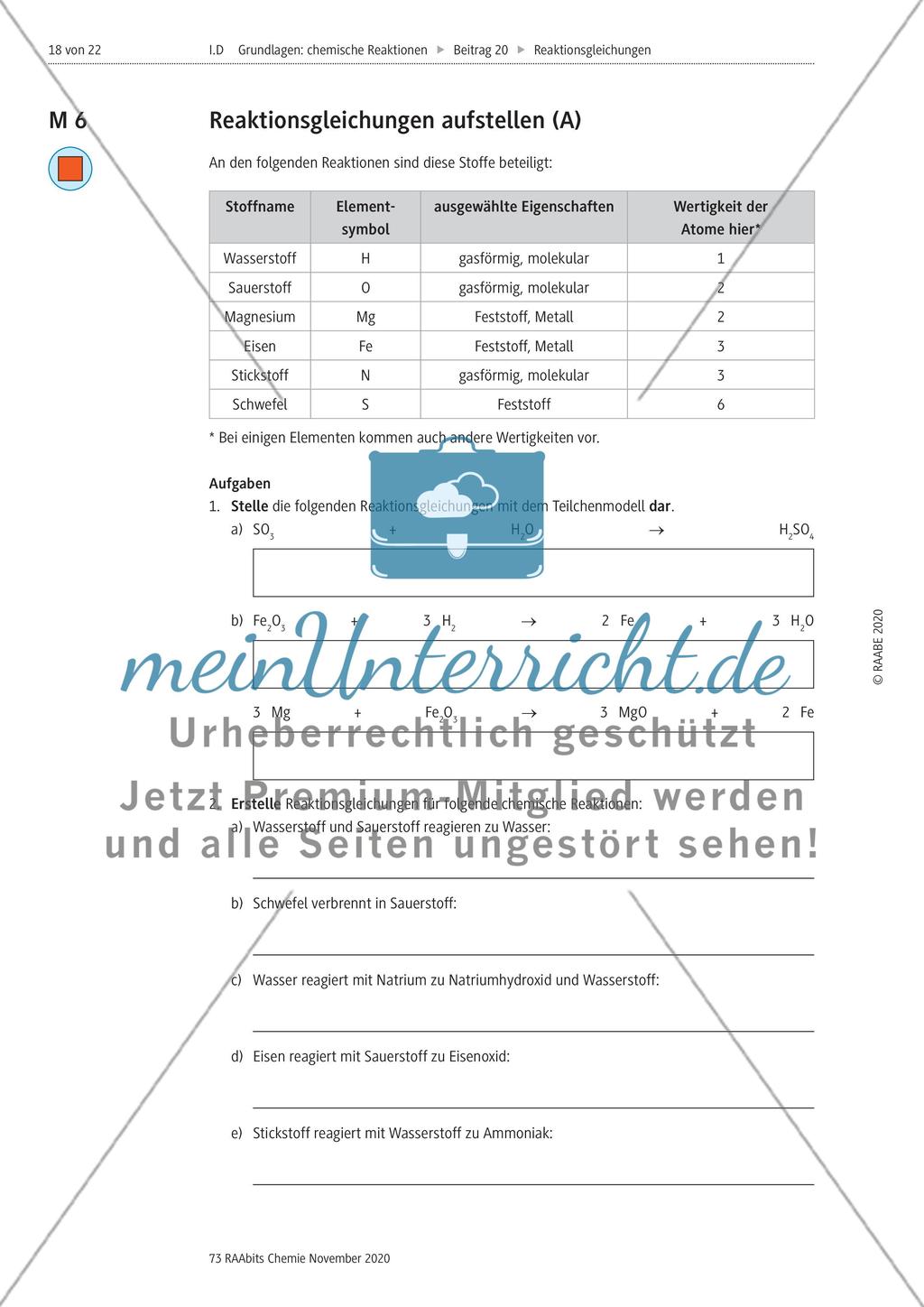 Übungen zu Reaktionsgleichungen und zur Modellverwendung Preview 1
