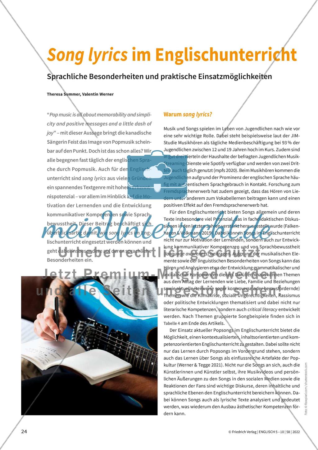 Song lyrics im Englischunterricht Preview 1