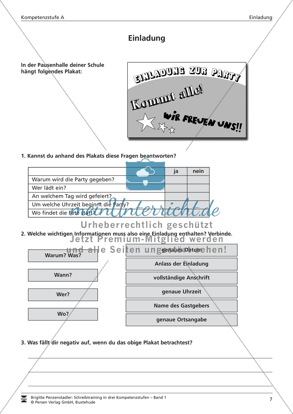 Schreibtraining: Kompetenzstufe A: Einladung: Arbeitsblätter mit Lösungen Preview 3