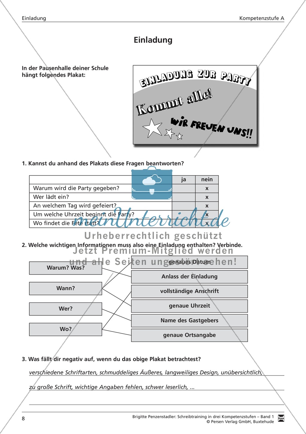 Schreibtraining: Kompetenzstufe A: Einladung: Arbeitsblätter mit Lösungen Preview 4