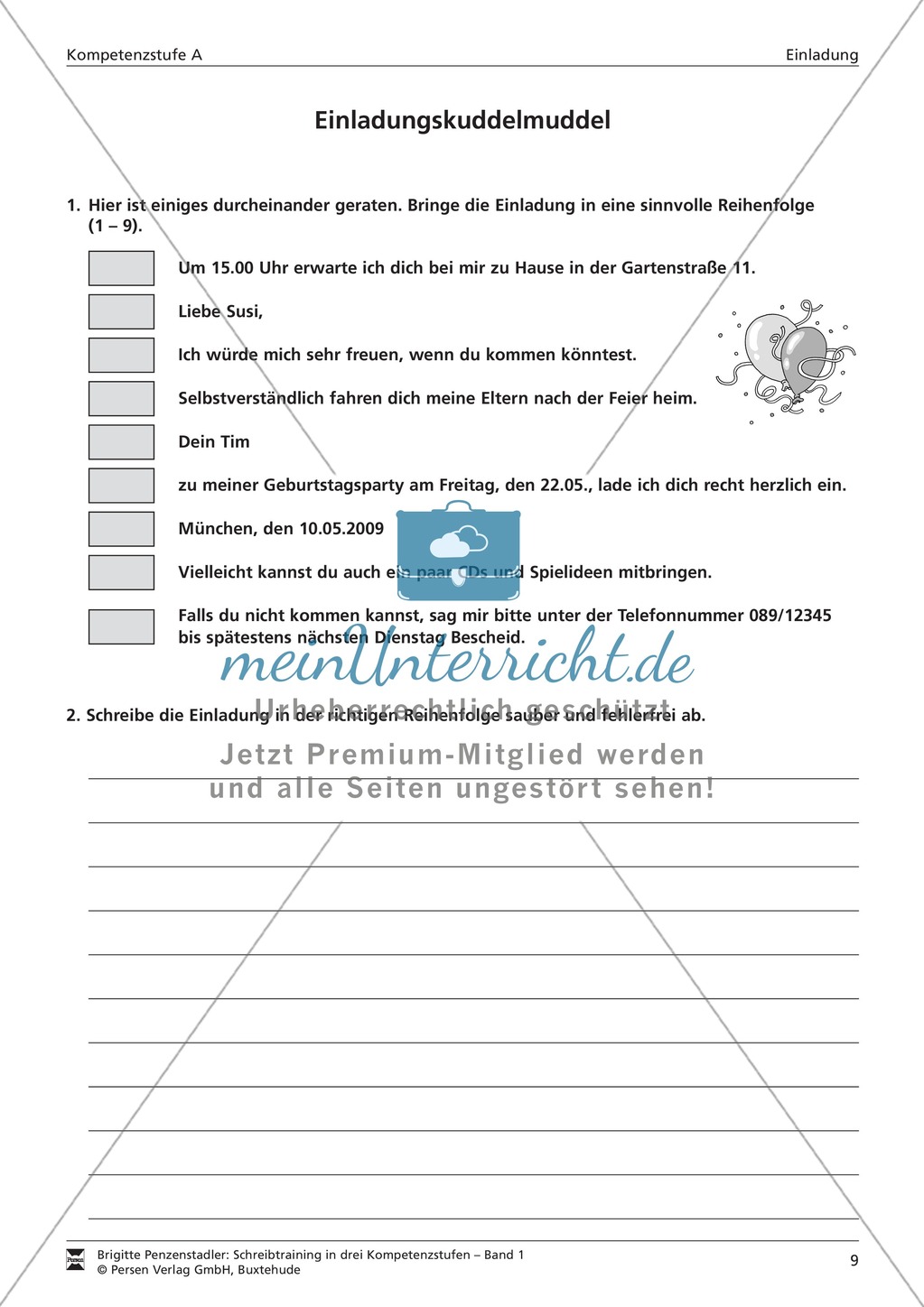 Schreibtraining: Kompetenzstufe A: Einladung: Arbeitsblätter mit Lösungen Preview 5