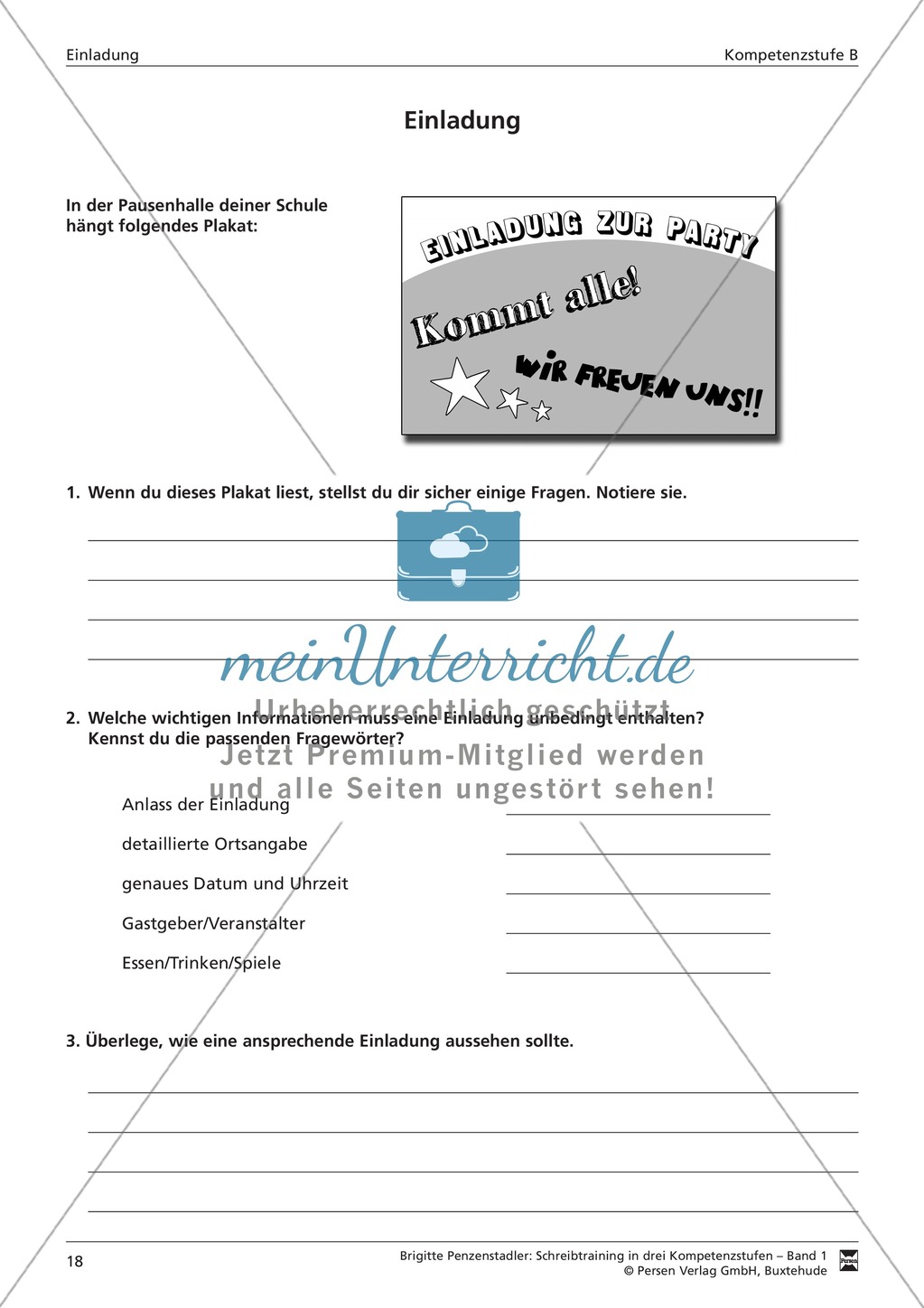 Schreibtraining Kompetenzstufe B: Einladung: Arbeitsblätter mit Lösungen Preview 5