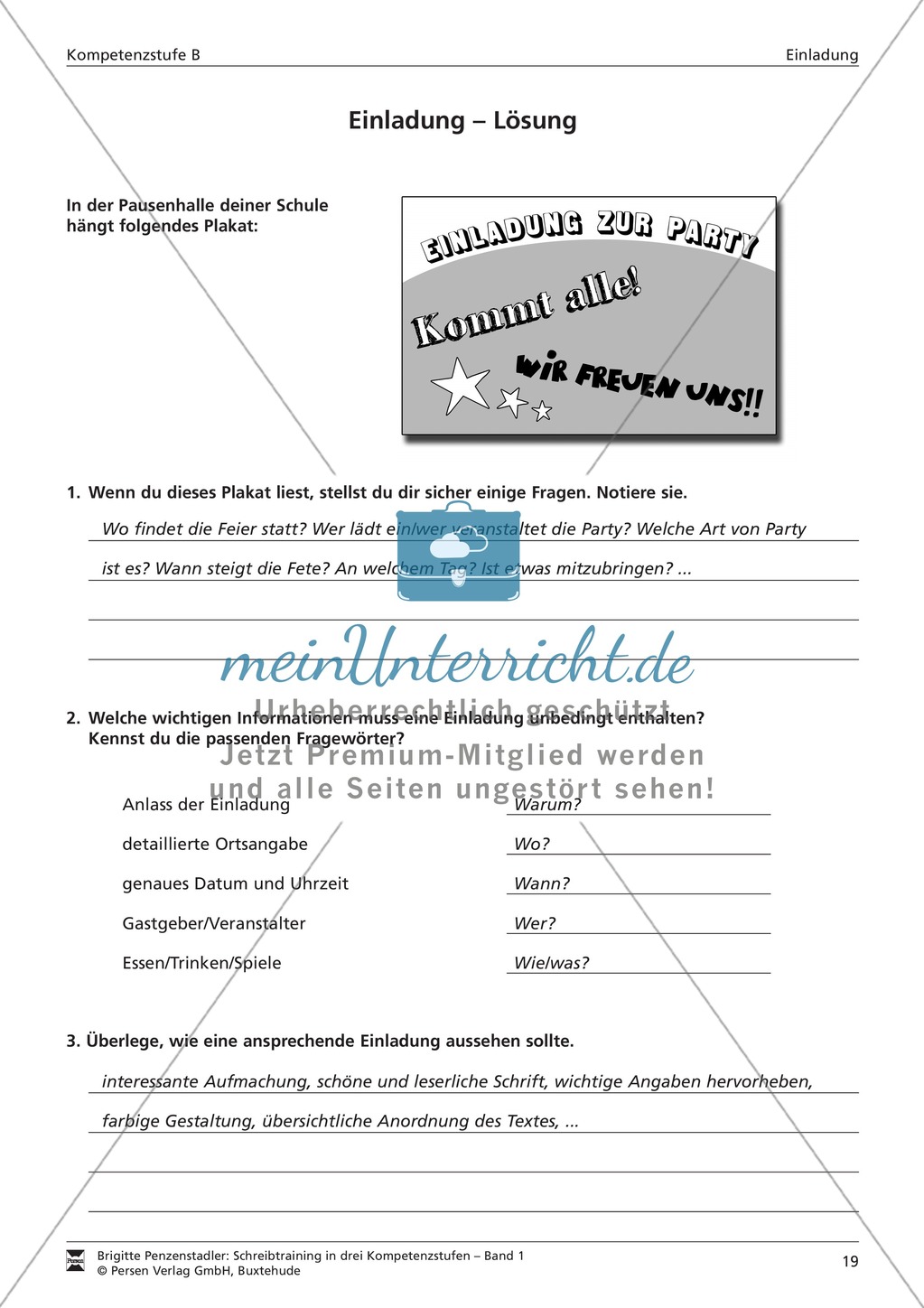 Schreibtraining Kompetenzstufe B: Einladung: Arbeitsblätter mit Lösungen Preview 6