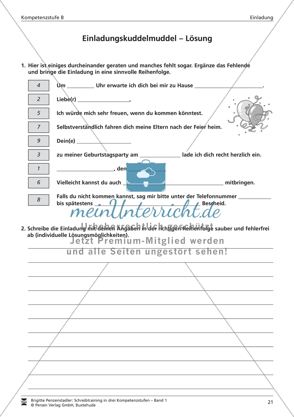 Schreibtraining Kompetenzstufe B: Einladung: Arbeitsblätter mit Lösungen Preview 8