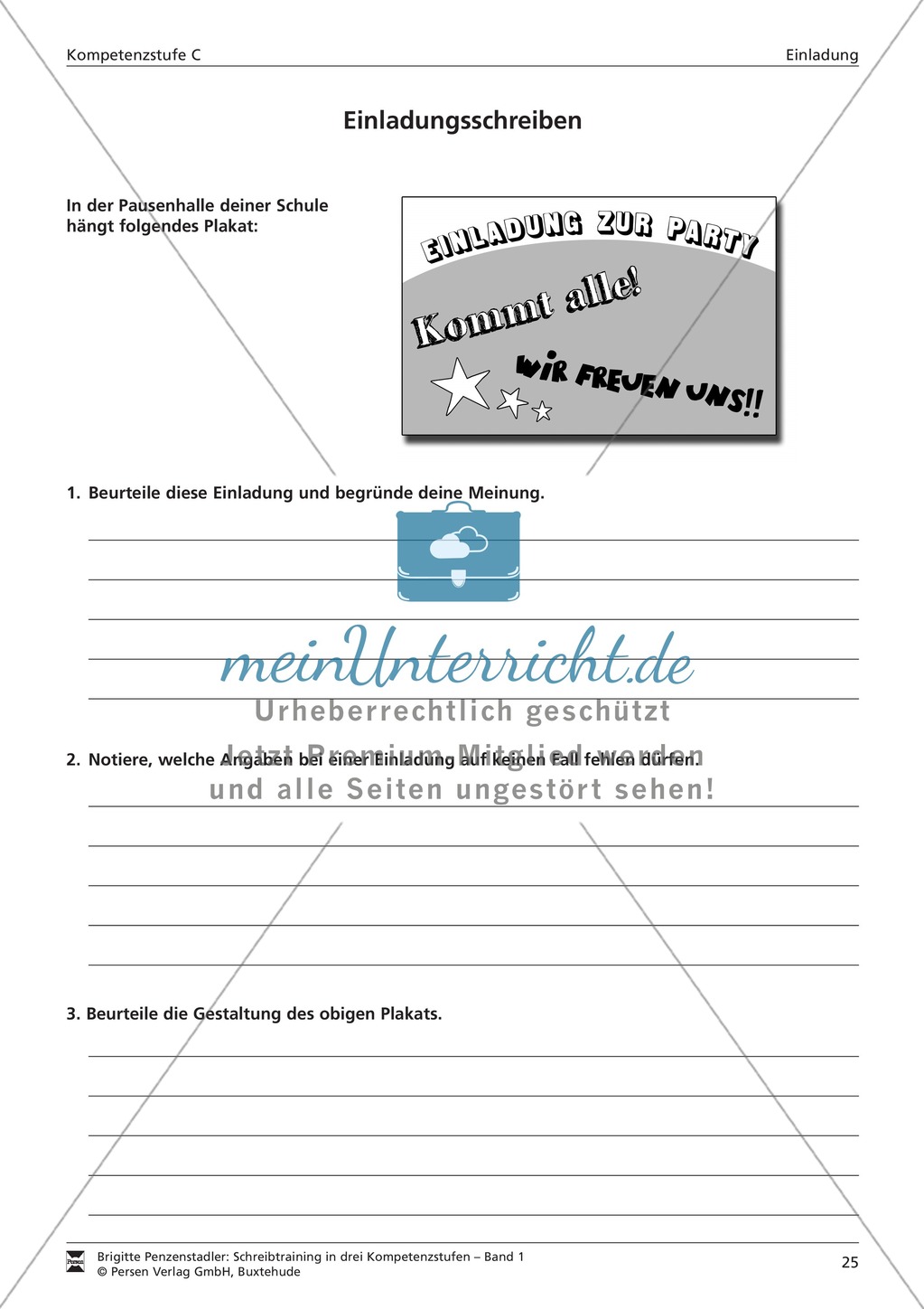 Schreibtraining Kompetenzstufe C: Einladung: Arbeitsblätter mit Lösungen Preview 1