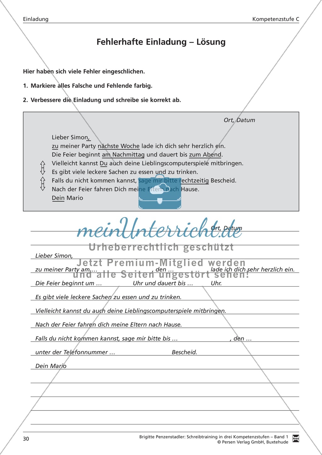 Schreibtraining Kompetenzstufe C: Einladung: Arbeitsblätter mit Lösungen Preview 6