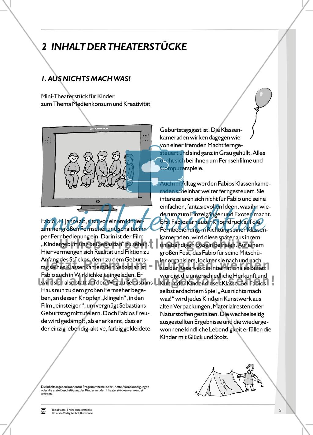 Aus nichts mach was: Inhalt, Inszenierungsanweisungen, Programmzettel zum Theaterstück Preview 1