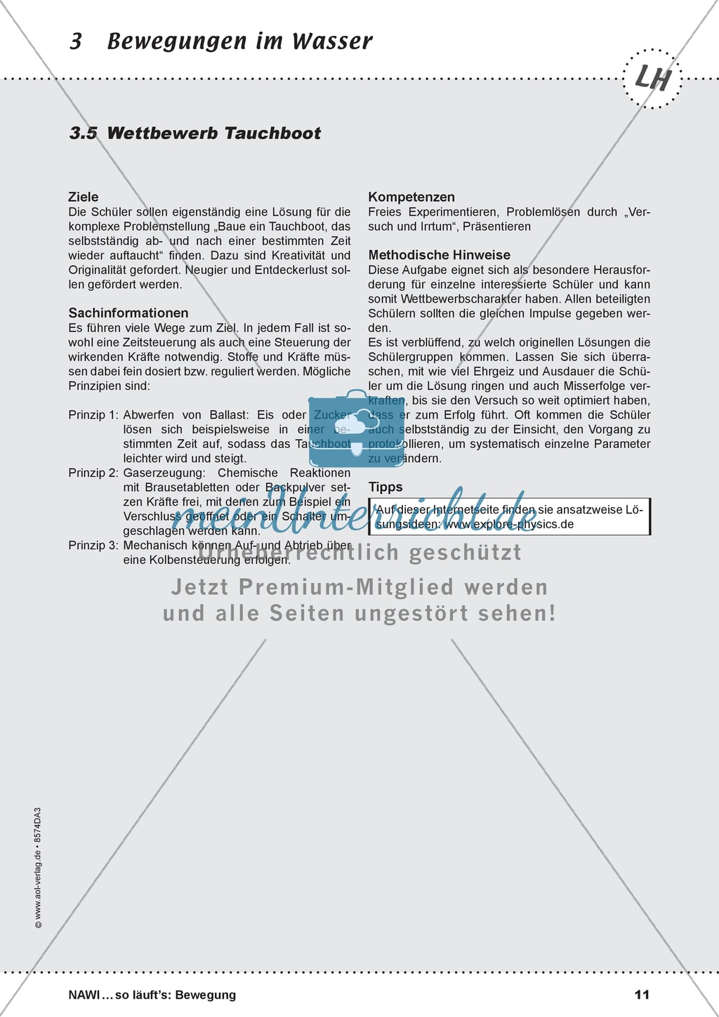 Bewegung im Wasser - Tauchen, Schwimmen, Fluten: didaktische Konzeption, Lehrerübersicht, Schülermaterial, Test Preview 11