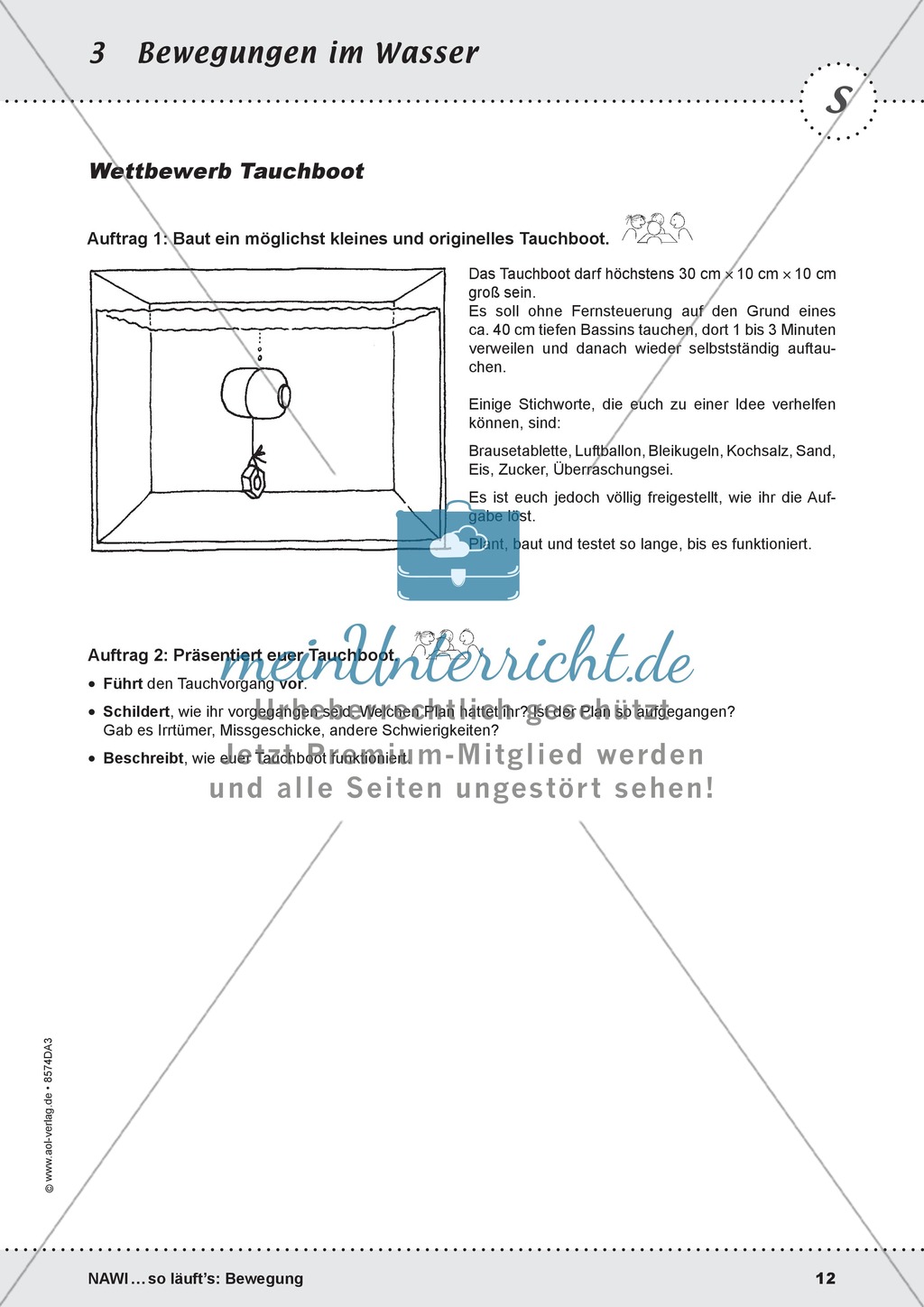 Bewegung im Wasser - Tauchen, Schwimmen, Fluten: didaktische Konzeption, Lehrerübersicht, Schülermaterial, Test Preview 12