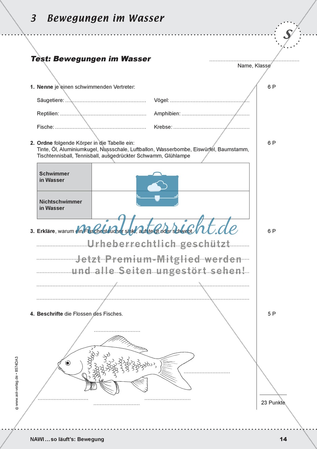 Bewegung im Wasser - Tauchen, Schwimmen, Fluten: didaktische Konzeption, Lehrerübersicht, Schülermaterial, Test Preview 14