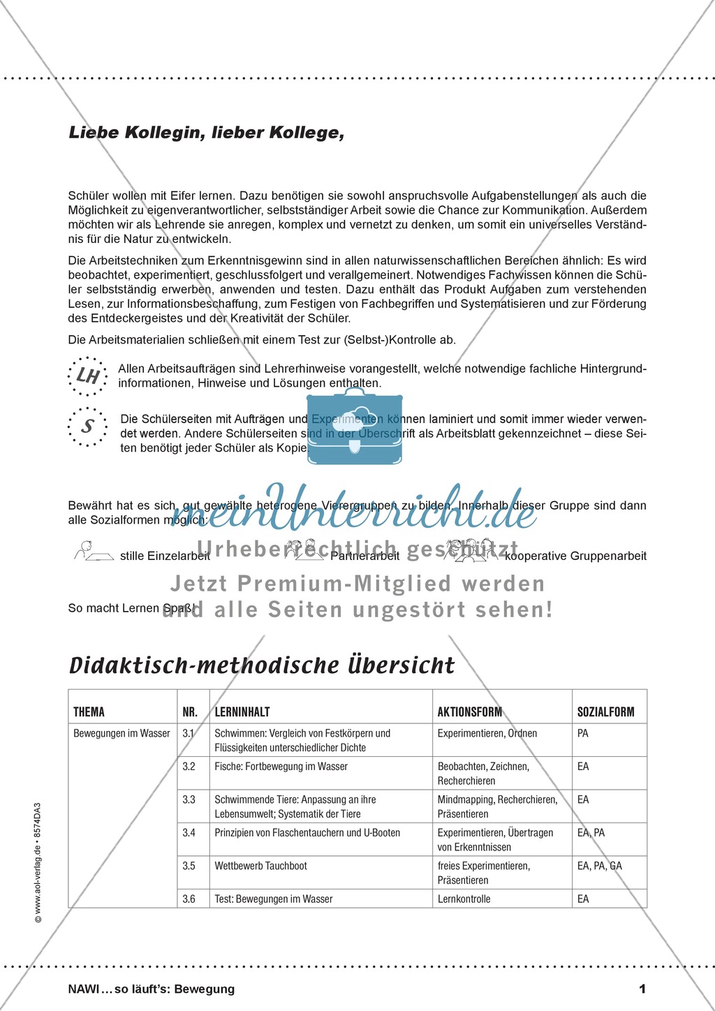 Bewegung im Wasser - Tauchen, Schwimmen, Fluten: didaktische Konzeption, Lehrerübersicht, Schülermaterial, Test Preview 1