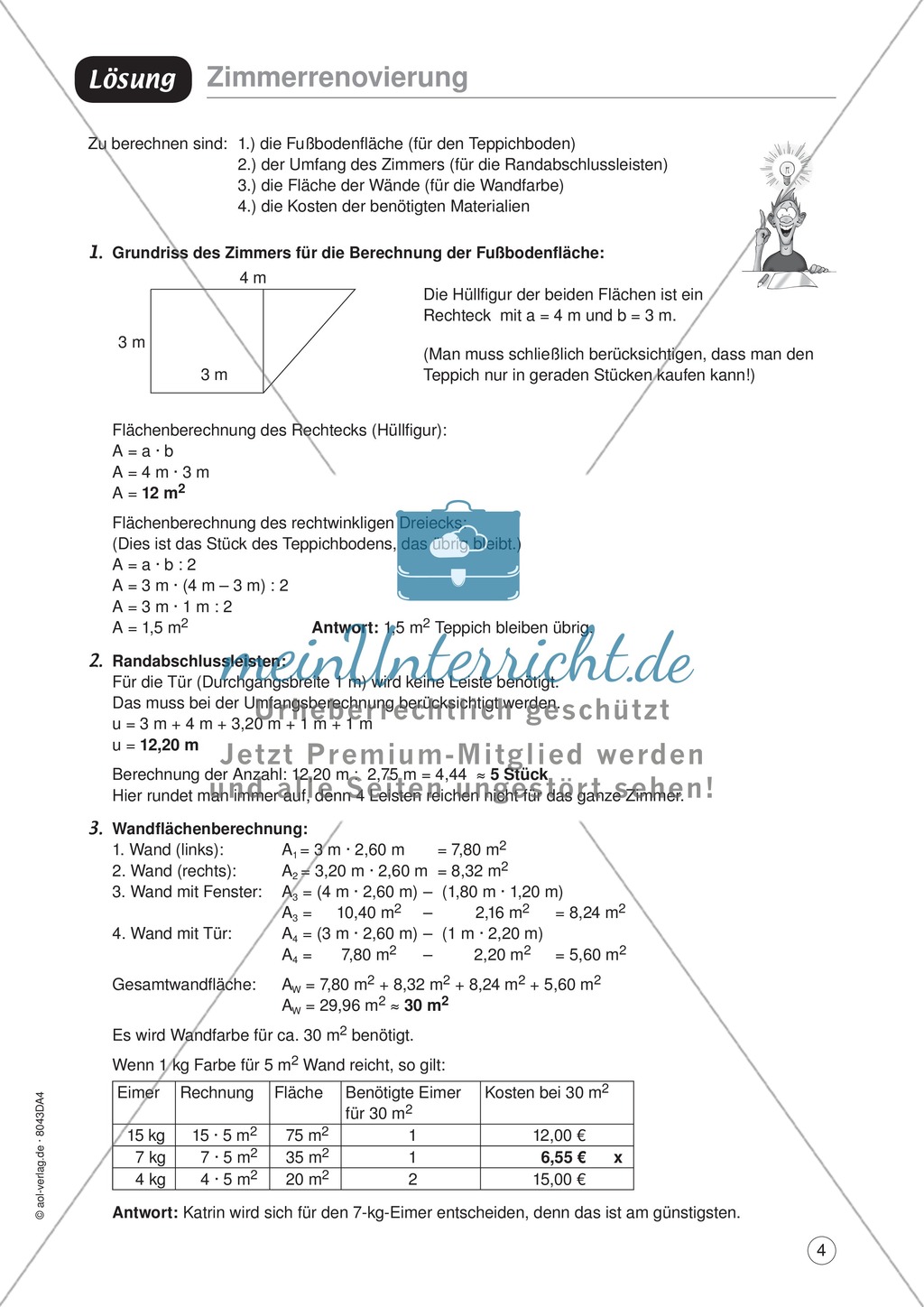 Mathe im Alltag - Mein Zimmer renovieren: Übungen und Lösung Preview 4