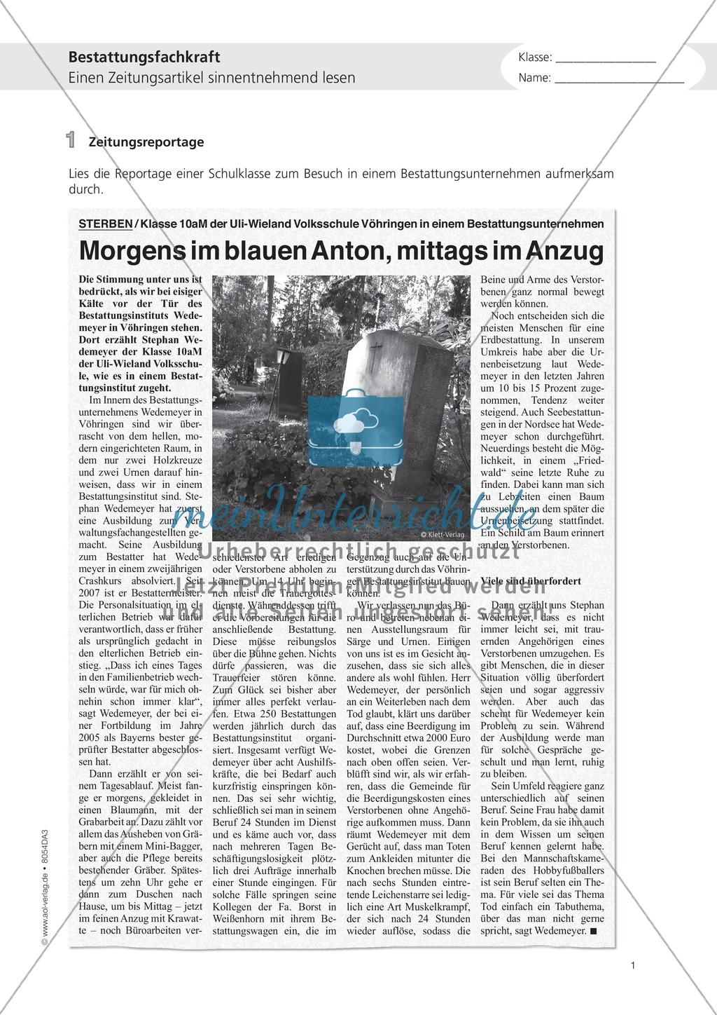Deutsch-Aufgaben aus dem Alltag - Arbeiten als Bestatter: Übungen und Lösung Preview 1