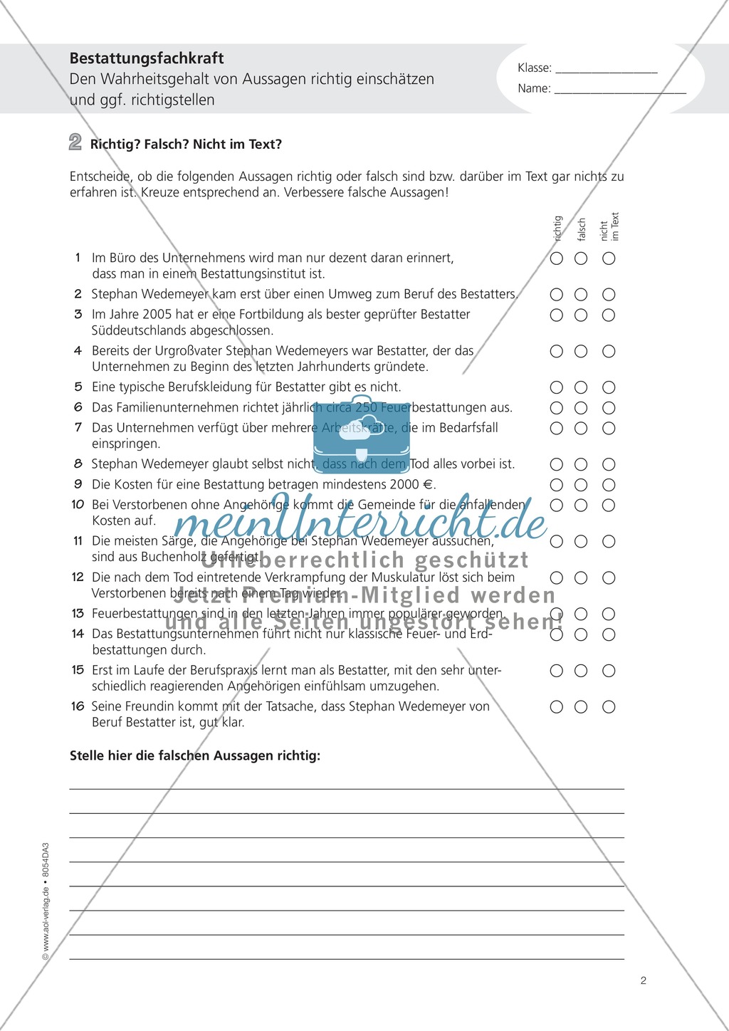 Deutsch-Aufgaben aus dem Alltag - Arbeiten als Bestatter: Übungen und Lösung Preview 2