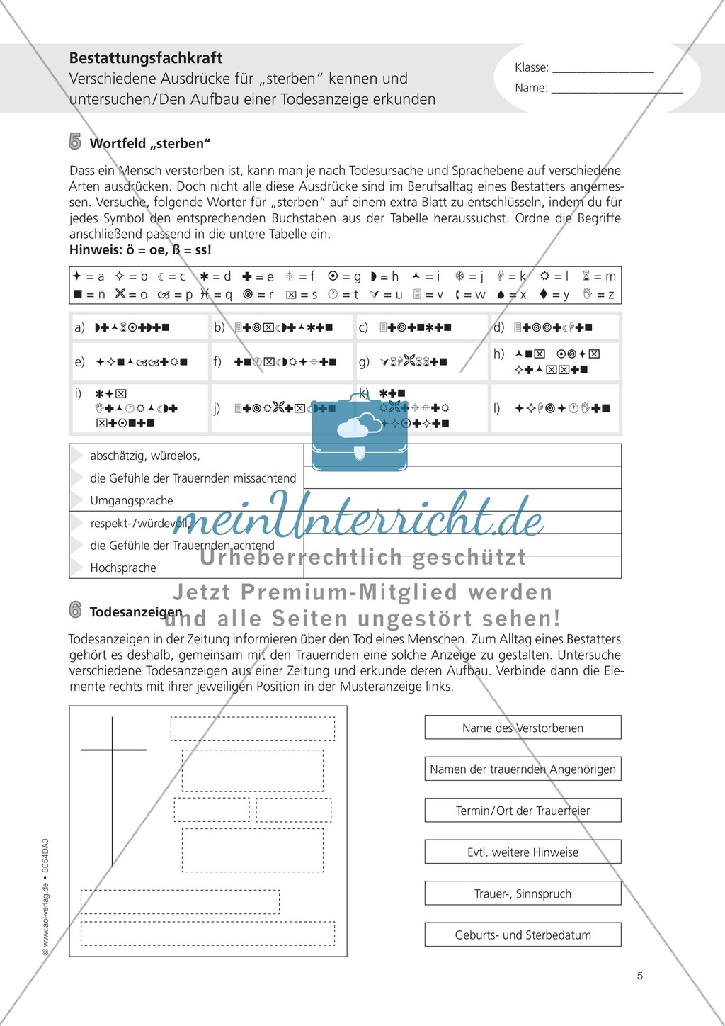 Deutsch-Aufgaben aus dem Alltag - Arbeiten als Bestatter: Übungen und Lösung Preview 5