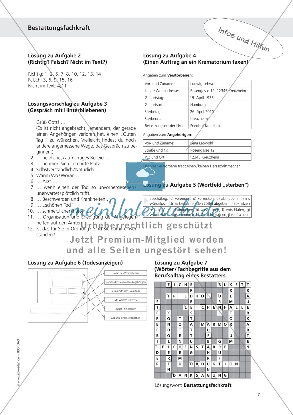 Deutsch-Aufgaben aus dem Alltag - Arbeiten als Bestatter: Übungen und Lösung Preview 7
